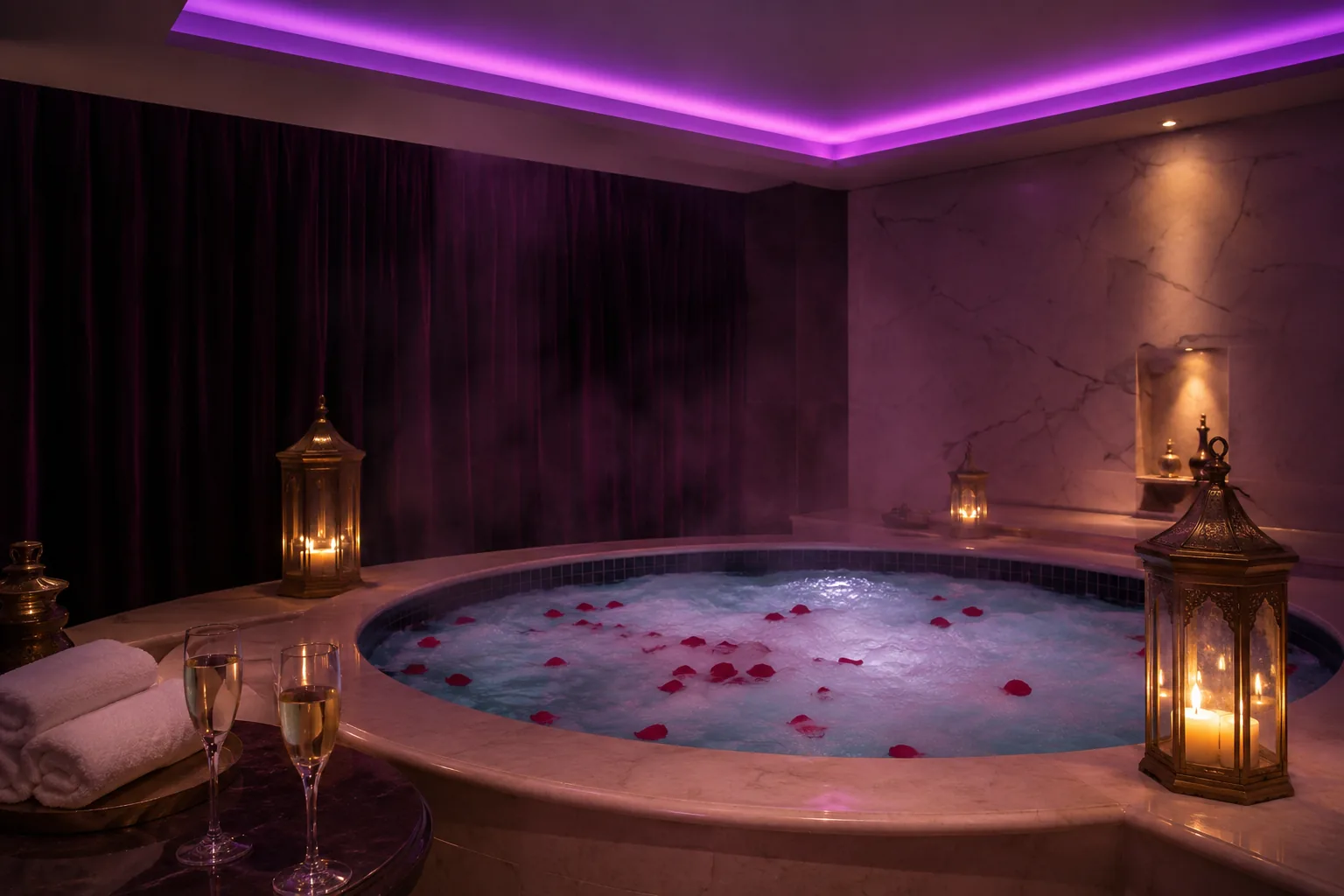 Jakuzili vip odanın mor ışıklı hâli — Lila Spa, Fatih misafirlerine hizmet veren salon